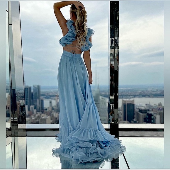 MAC DUGGAL RUFFLE TIERED CUTOUT CHIFFON GOWN ADJUSTABLE LACE UP BK 67911 SIZE 2 - Picture 10 of 13